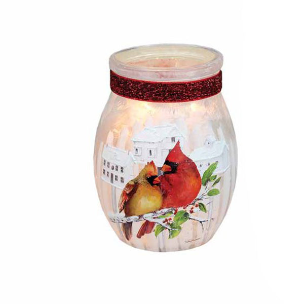 Stony Creek - 4" Frosted Glass Lighted Jar w/ Ribbon - Cardinal Pair Birdhouses