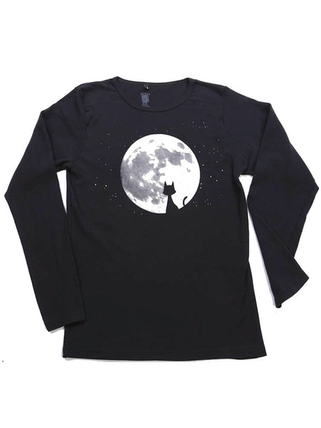 Green 3 Women's Long Sleeve T-Shirt - Cat In The Moon - Small