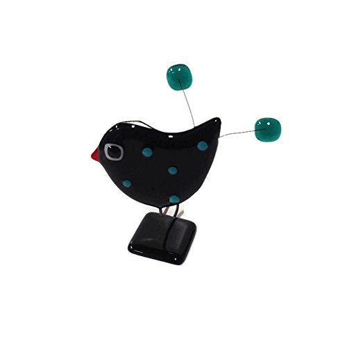 Glass Fire - Fused Glass Bobbling Bird - Small - Black & Blue Green Dots