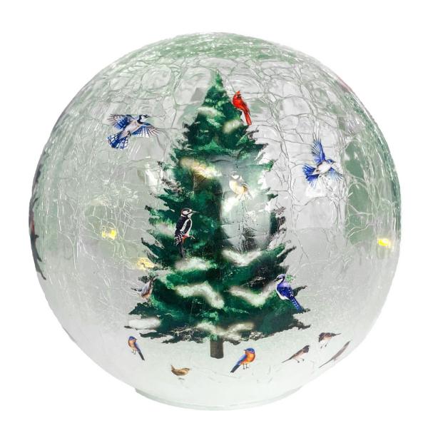 GC - Birds on a Tree - 6" LED Lighted Crackle Glass Globe