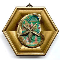Museum Bees - Painted Oyster Shell on Gilt Frame w/ Starfish on Green - 4.25"