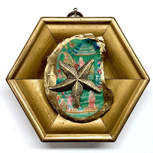 Museum Bees - Painted Oyster Shell on Gilt Frame w/ Starfish on Green - 4.25"