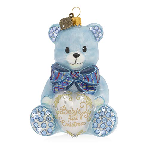 Jay Strongwater - Glass Holiday Ornament - Baby's First Christmas Teddy - Blue