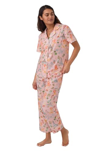 BedHead Pajamas BedHead - S/S Woven Cotton Poplin Cropped PJ Set - Charming Charleston - Large