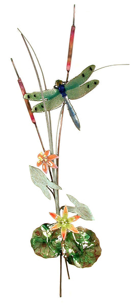 Bovano - Wall Sculpture - Green Winged Dragonfly w/ Orange Flowers & Patina Leaves