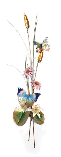 Bovano - Wall Sculpture - Oak Leaf & Teal Satyr Butterfly w/ Cone Flowers