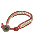 Pearlhill - 7mm - Woven Bracelet - Red Leather & White Pearl