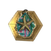Museum Bees - Painted Oyster Shell on Gilt Frame w/ Starfish on Teal - 3.25"