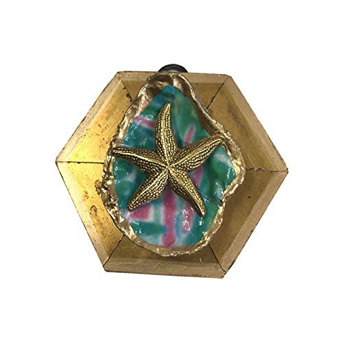 Museum Bees - Painted Oyster Shell on Gilt Frame w/ Starfish on Teal - 3.25"