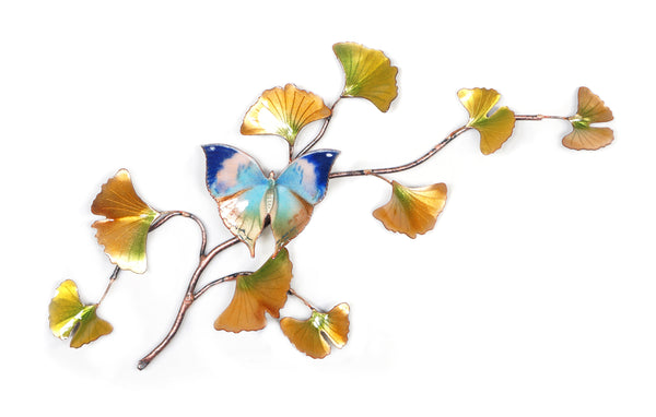 Bovano - Wall Sculpture - Oak Leaf Butterfly on Enameled Ginkgo Branch
