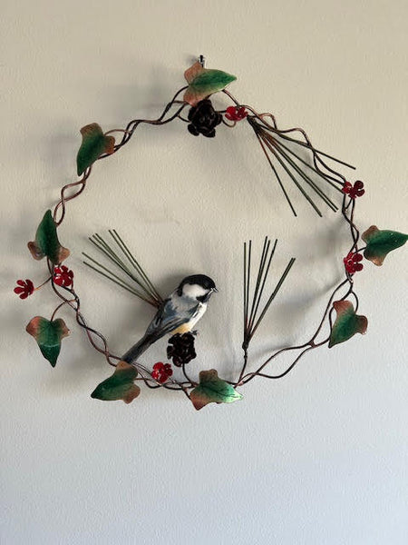 Bovano - 10" Wreath - Chickadee w/ Holly Leaves, Pine Cones & Holly Berries