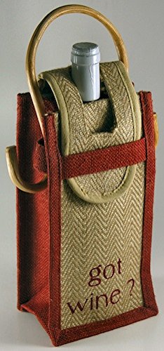 Wine Bag - Gift "Got Wine" - Red Tan Jute - Wood Handle