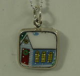 Hand Cut China - Sterling Silver Pendant - Square Winter Scene