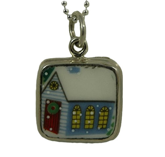 Hand Cut China - Sterling Silver Pendant - Square Winter Scene