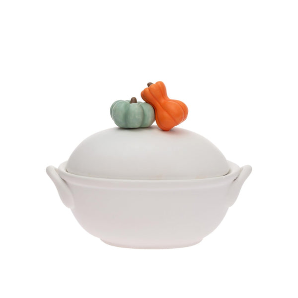 Boston International - Small Porcelain Casserole Dish w/  Lid Fall - White w/ Pumpkin Accent