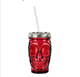 Couronne - Sugar Skull Glass Tumbler w/ Straw - Red