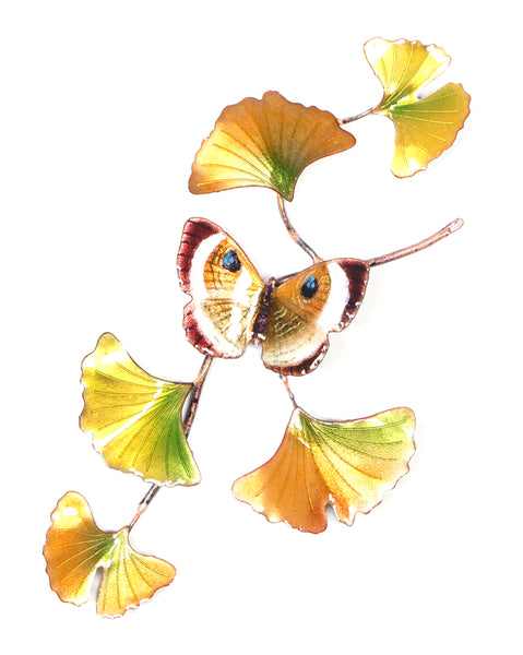 Bovano - Wall Sculpture - Gold Eyemark Butterfly on Ginkgo Branch