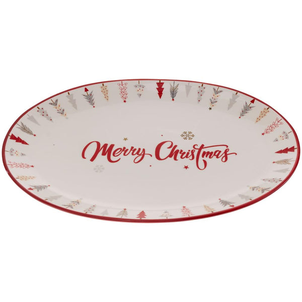 Boston International - 14"x9.5" Ceramic Christmas  Platter - Festive Trees
