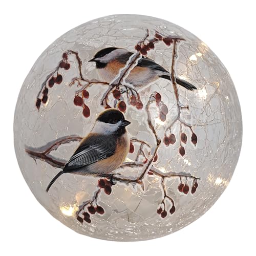 GC - Christmas Chickadee Pair - 6" LED Lighted Crackle Glass Globe