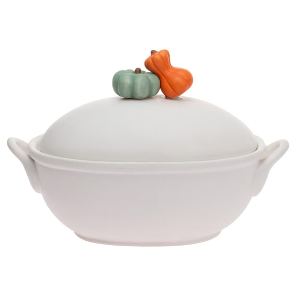 Boston International - Large Porcelain Casserole Dish w/ Lid - White w/ Pumpkin Accent