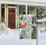 Studio M Winter Cardinal Birds Birdfeeder Birch Tree 18 x 12 Inches, Double Sided Design, Weather & UV/Fade Resistant Polyester, Outdoor Flag Decoration for Garden, Yard, Porch