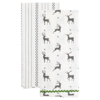 Boston International - 28"x18" Tea Towel Set - Gray Reindeer & Stripes