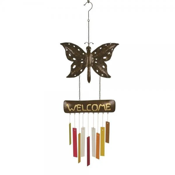 GC - Blue Handworks - Rustic "Welcome" Butterfly Metal & Glass Windchime
