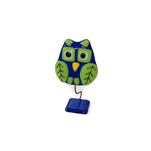 Glass Fire - Fused Glass Bobbling Owl - Small - Blue & Green