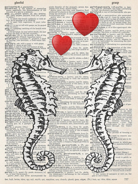 ArtNWordz -  Vintage Recycled Dictionary Print - Seahorses Hearts