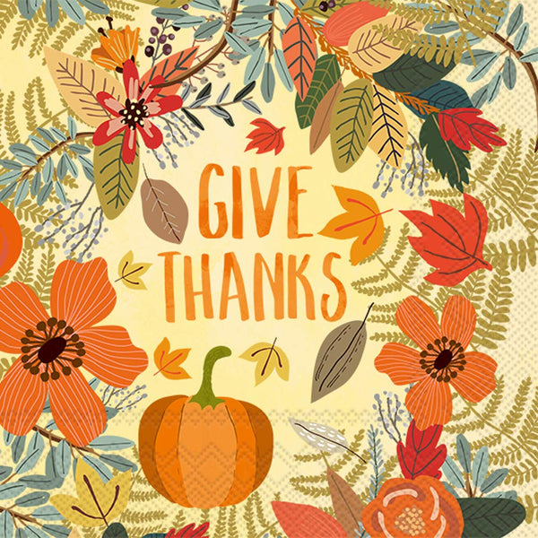 Boston International - 3-Ply 5" Cocktail Napkins 20 Count - Give Thanks Floral