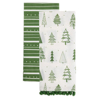 Boston International - 28"x18" Tea Towel Set - Green Trees & Stripes