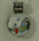 Hand Cut China - Sterling Silver Pendant - Round Winter Scene