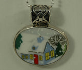 Hand Cut China - Sterling Silver Pendant - Holiday Winter Scene