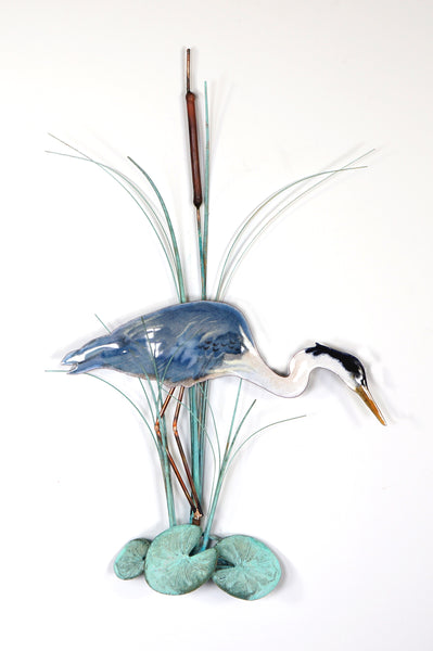 Bovano - Wall Sculpture - Heron Fishing w/ Patina Leaves