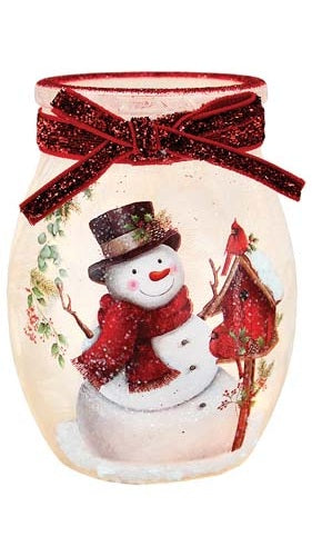 Stony Creek - 4" Frosted Glass Lighted Jar w/ Garland - Happy Snowman & Birdhouse