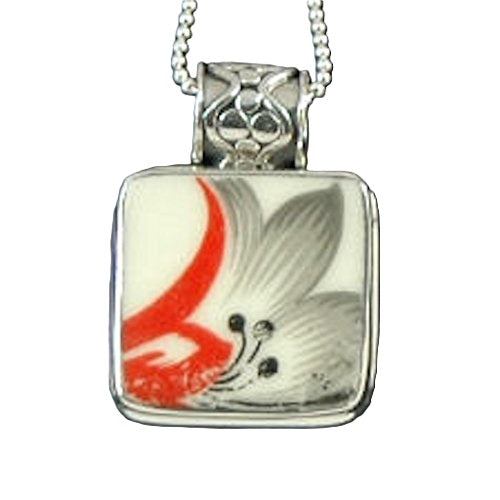 Hand Cut China - Sterling Silver Pendant - Orange Flower