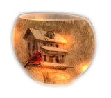 Stony Creek - Frosted Glass - 7" Oval Lighted  Vase - Cardinal & Birdhouse