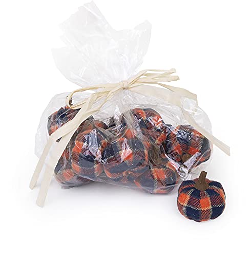 Boston International - 2" Fabric Pumpkins - Set of 12 - Orange & Navy Plaid