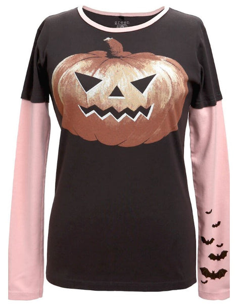 Green 3 - Women's Long Sleeve T-Shirt - Pumpkin Bat 2 Double-Up - X-Large
