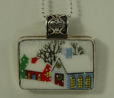 Hand Cut China - Sterling Silver Pendant - Christmas Winter Scene