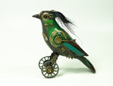 Mullanium - Steampunk Inspired Sculpture - Large Emerald Jay on Wheels