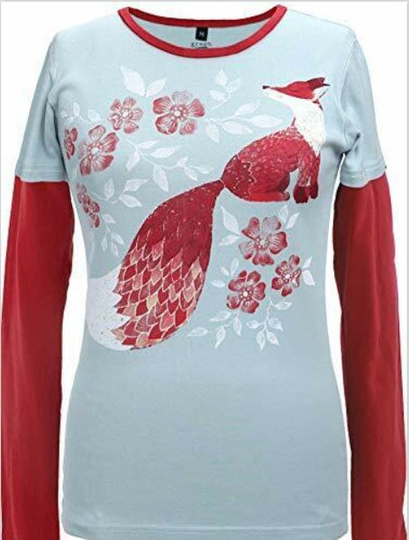Green 3 Women's Long Sleeve T-Shirt - Painted Fox Double Up - Large