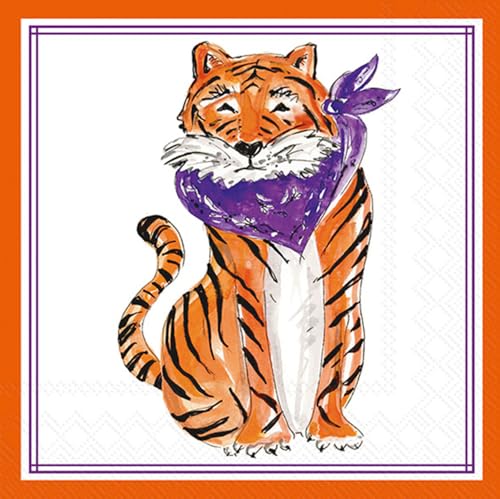 Boston International - 3-Ply 5" Cocktail Napkins - Hometown Pride - Purple Sitting Tiger