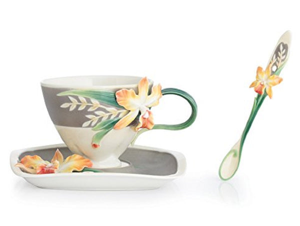 Franz Porcelain - Cup, Saucer & Spoon Set - Magnificent Cattleya Orchid