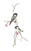 Bovano - Wall Sculpture - 2 Chickadees on Branch w/ Pink Flowers