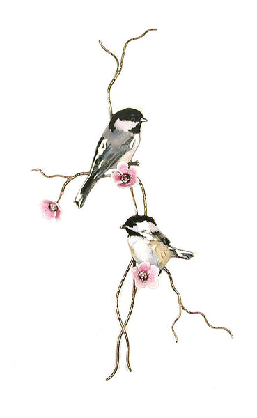 Bovano - Wall Sculpture - 2 Chickadees on Branch w/ Pink Flowers