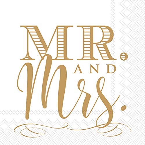 Boston International - 3-Ply 5" Cocktail Napkins 20 Count - Mr. & Mrs. in Gold
