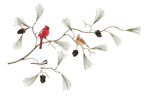 Bovano - Wall Sculpture - Cardinal & Chickadee on Pine Branch w/ Pine Cones