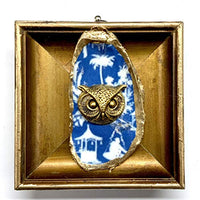 Museum Bees - Painted Oyster Shell on Square Gilt Frame w/ Owl on Blue - 3.25"