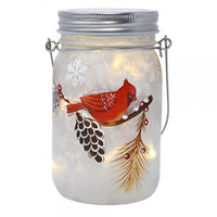 GC - 5.5" LED Frosted Glass Mason Jar - Cardinal & Pine